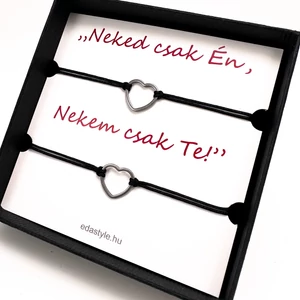 Egyedi kézzel készült szerelmes páros zsineg karkötő, szív medállal, ezüst, ajándék pároknak