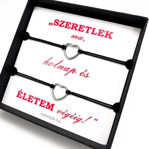 Egyedi kézzel készült szerelmes páros zsineg karkötő, szív medállal, ezüst, ajándék pároknak
