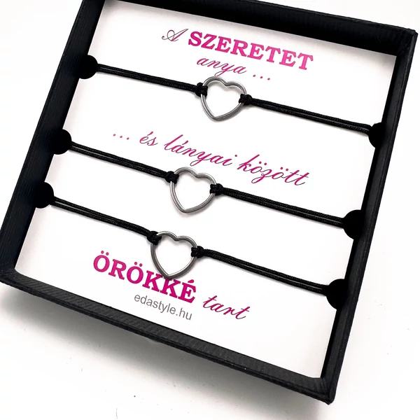 Egyedi kézzel készült anya-lányai páros zsineg karkötő, szív medállal, ezüst, ajándék anyának és lányának