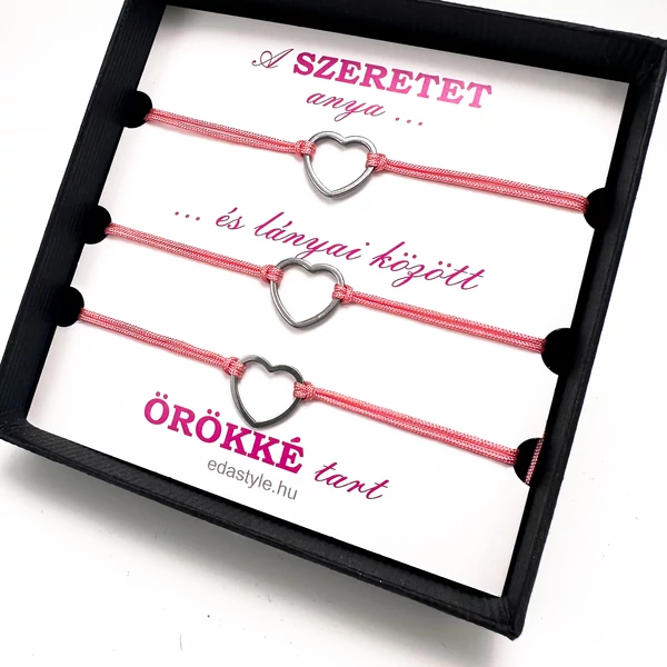 Egyedi kézzel készült anya-lányai páros zsineg karkötő, szív medállal, ezüst, ajándék anyának és lányának