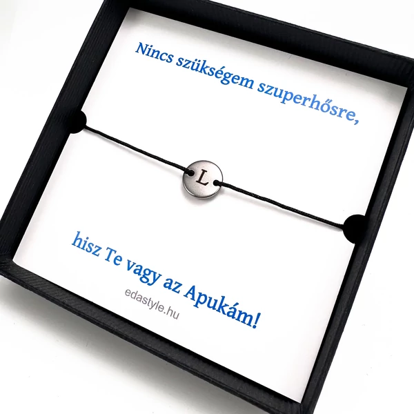 Egyedi kézzel készült zsineg karkötő, gravírozható kör medállal, ezüst, ajándék apáknak
