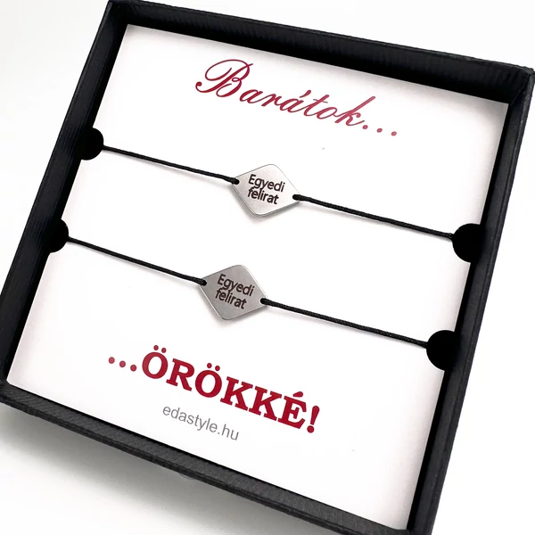 Egyedi kézzel készült barátság páros zsineg karkötő, egyedi gravírozással, rombusz, ezüst, személyre szabható ajándék barátoknak