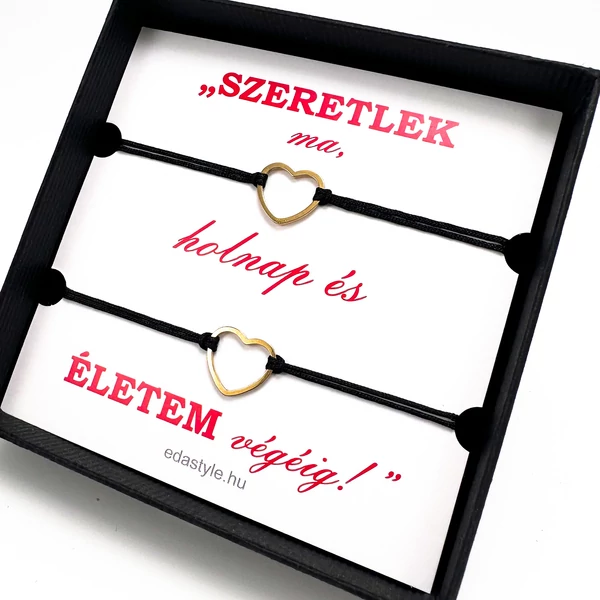 Egyedi kézzel készült szerelmes páros zsineg karkötő, szív medállal, arany, ajándék pároknak