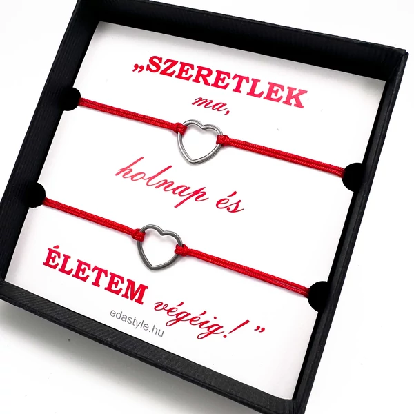 Egyedi kézzel készült szerelmes páros zsineg karkötő, szív medállal, ezüst, ajándék pároknak