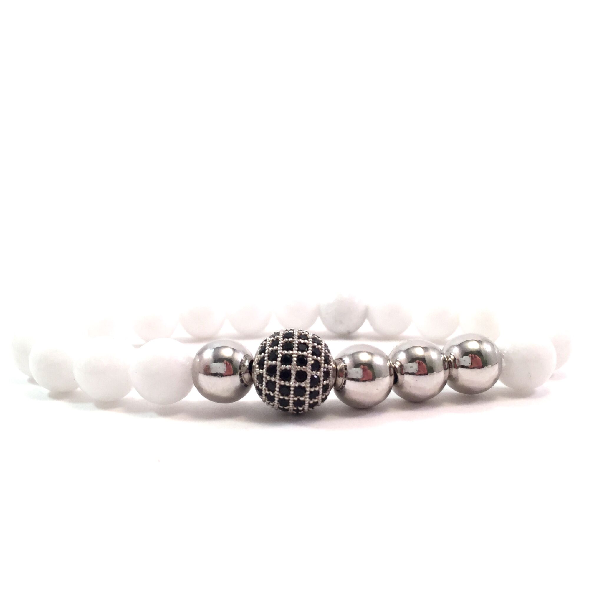 Milk quartz silver pearl and zircon ball beaded bracelet