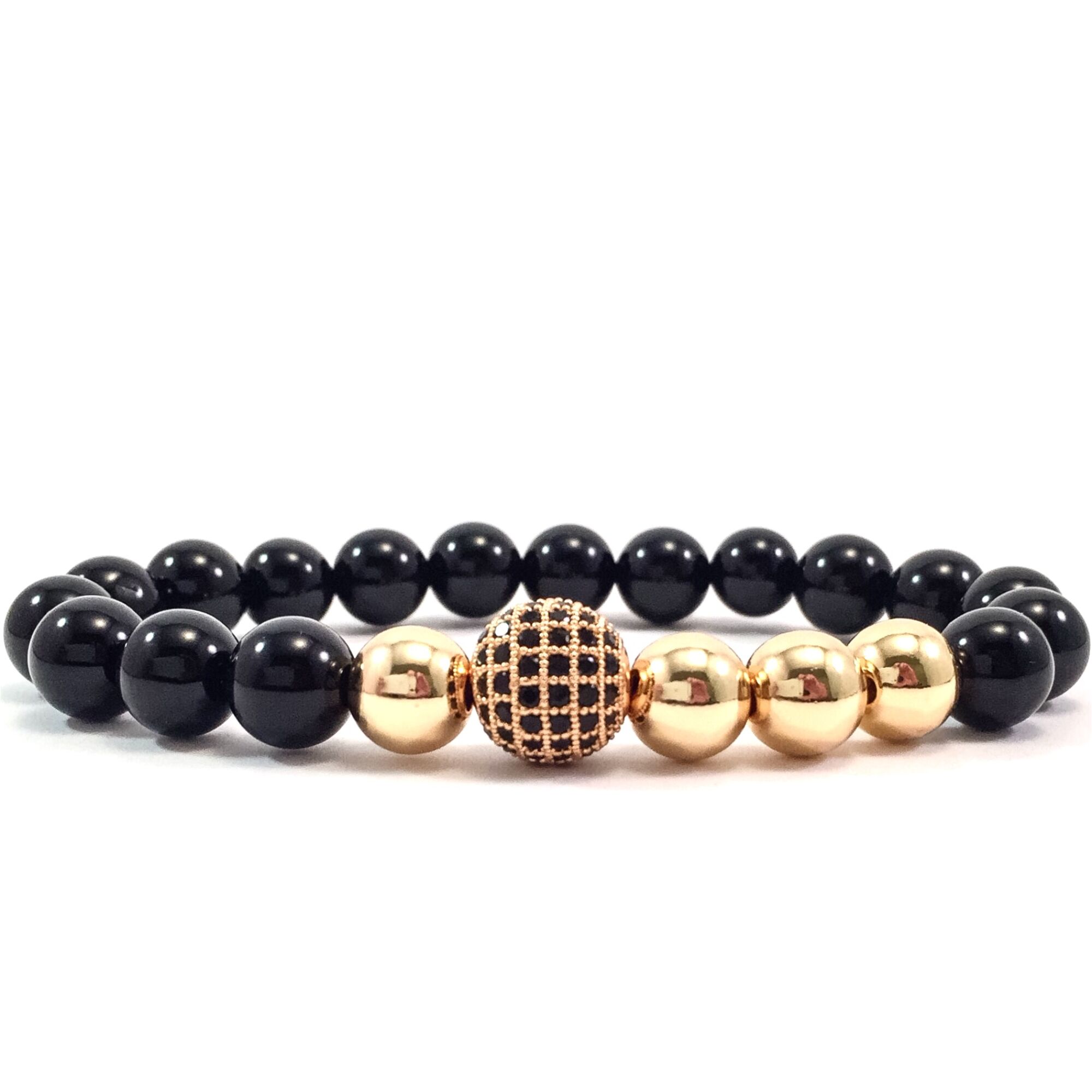 Onyx gold pearl and zircon ball beaded bracelet