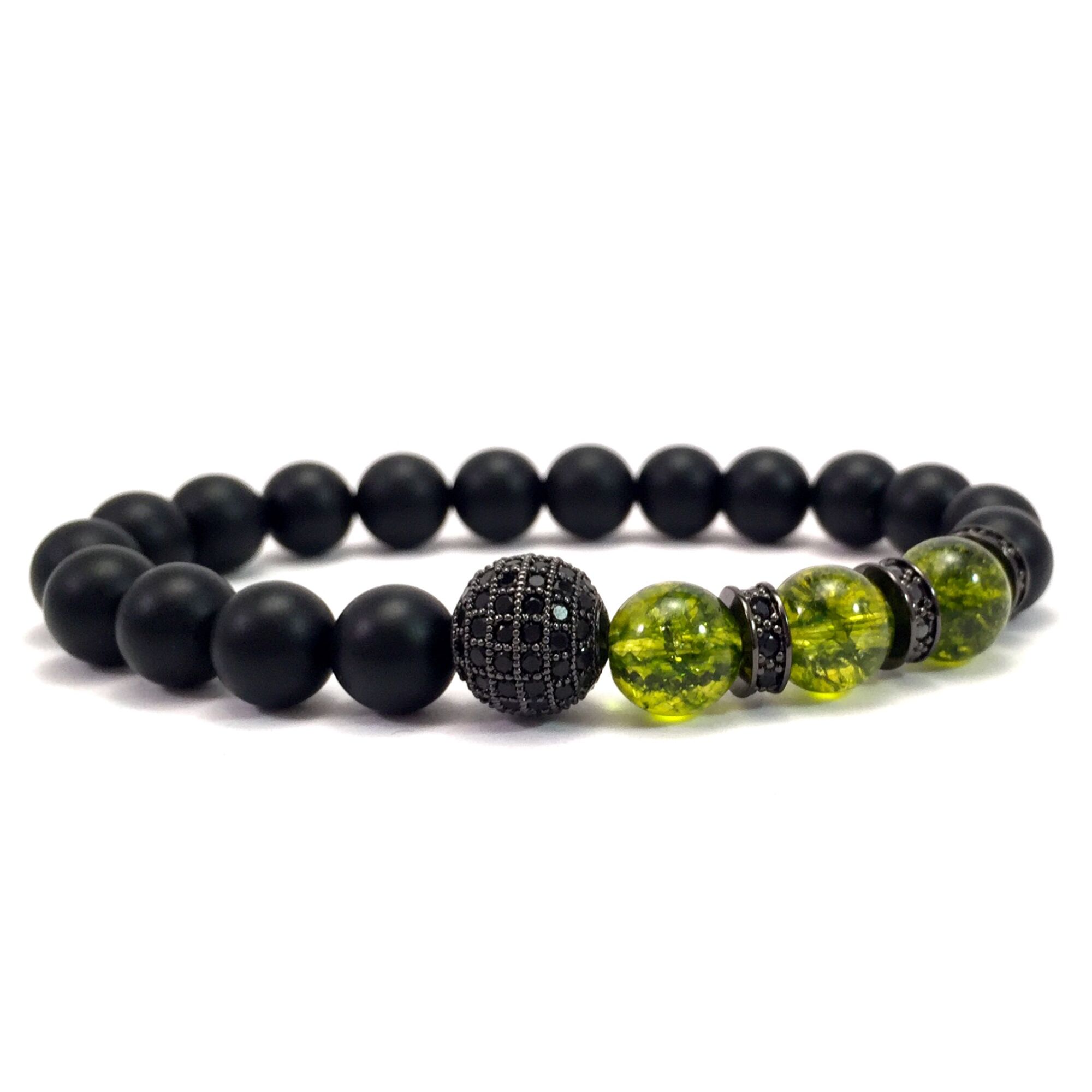 Matte onyx and olivin jade black zircon ball beaded bracelet