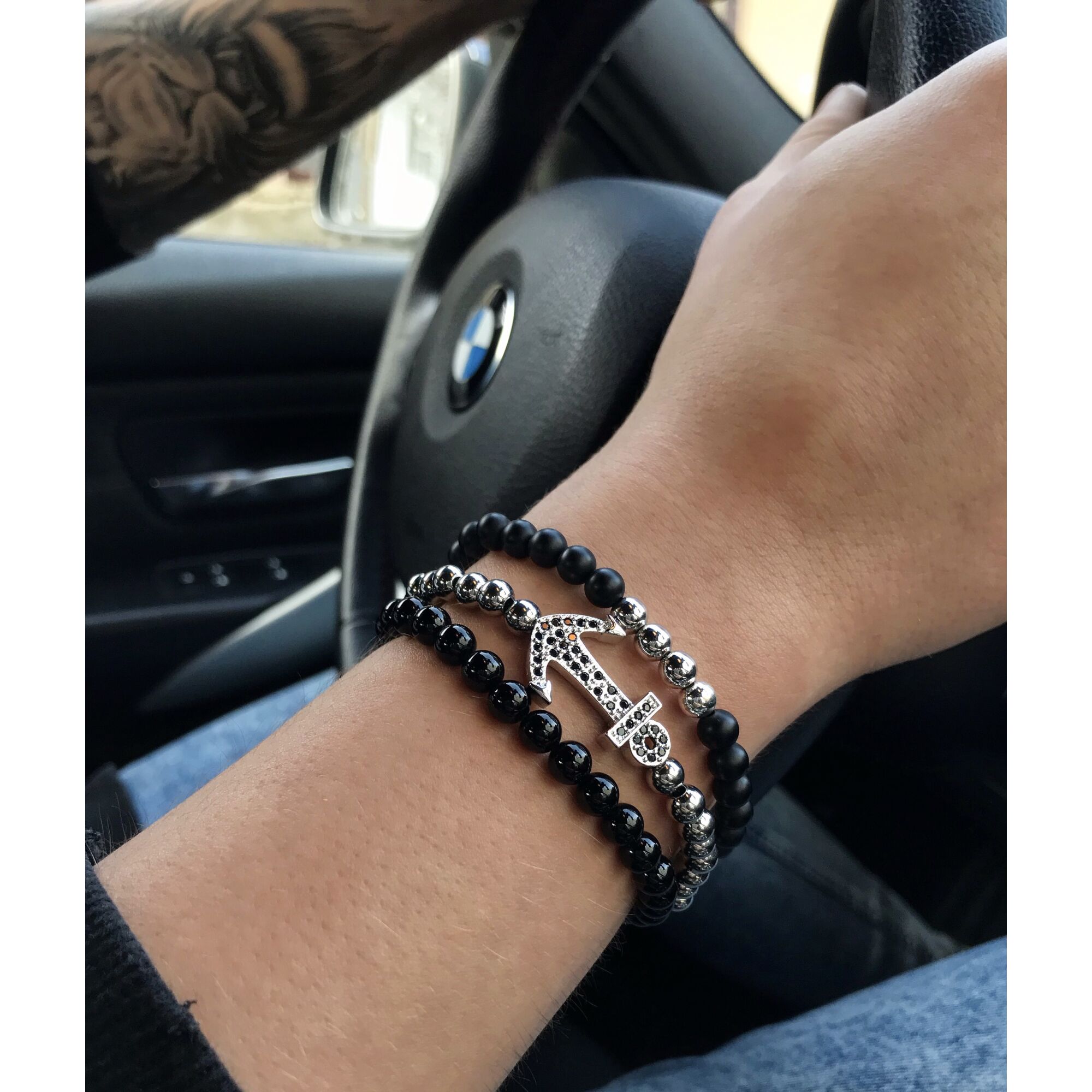 Matte onyx silver anchor bracelet 