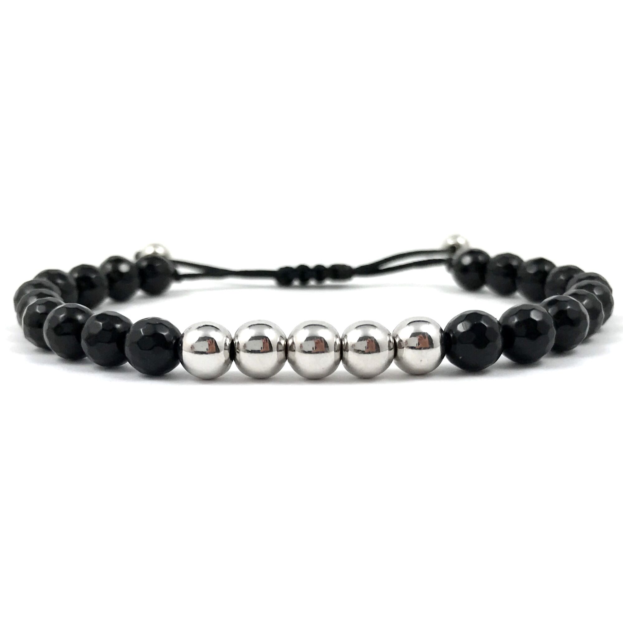  Faceted onyx and silver pearl cord bracelet