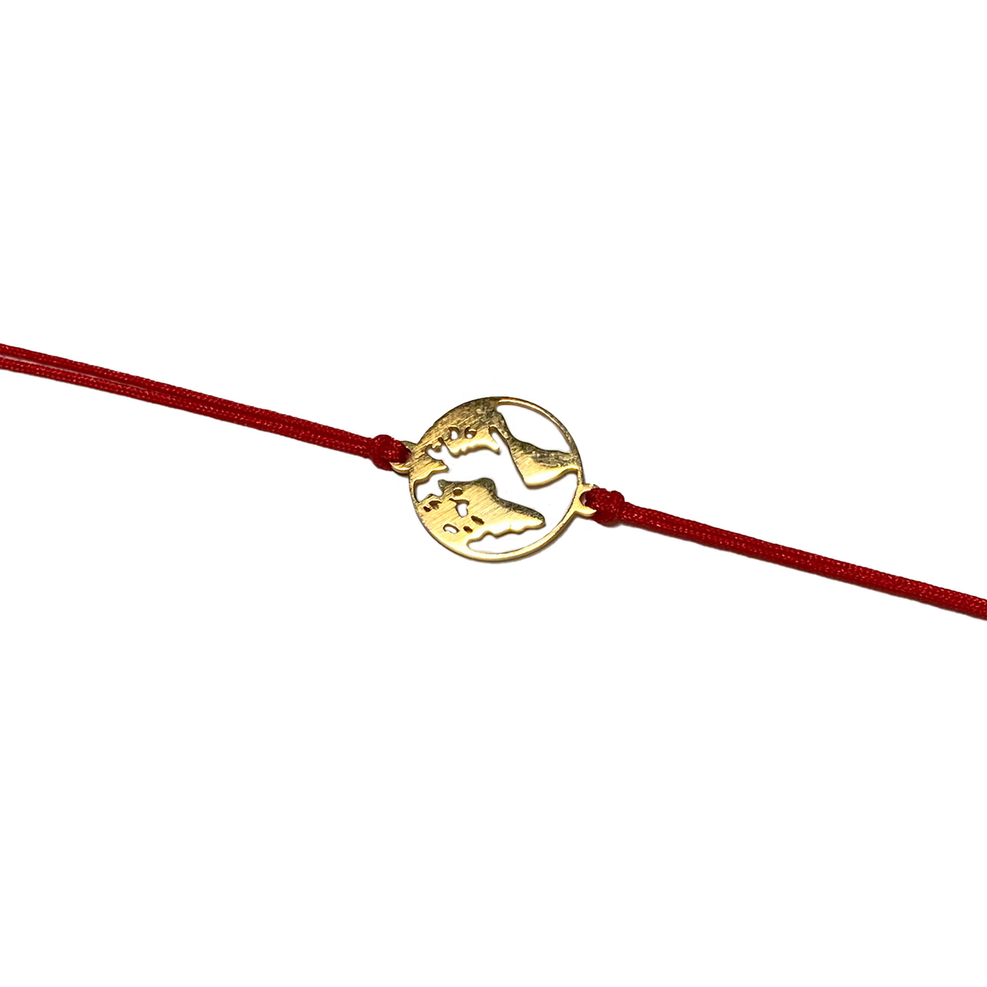 Arany acél földgömb medálos piros zsineg karkötő