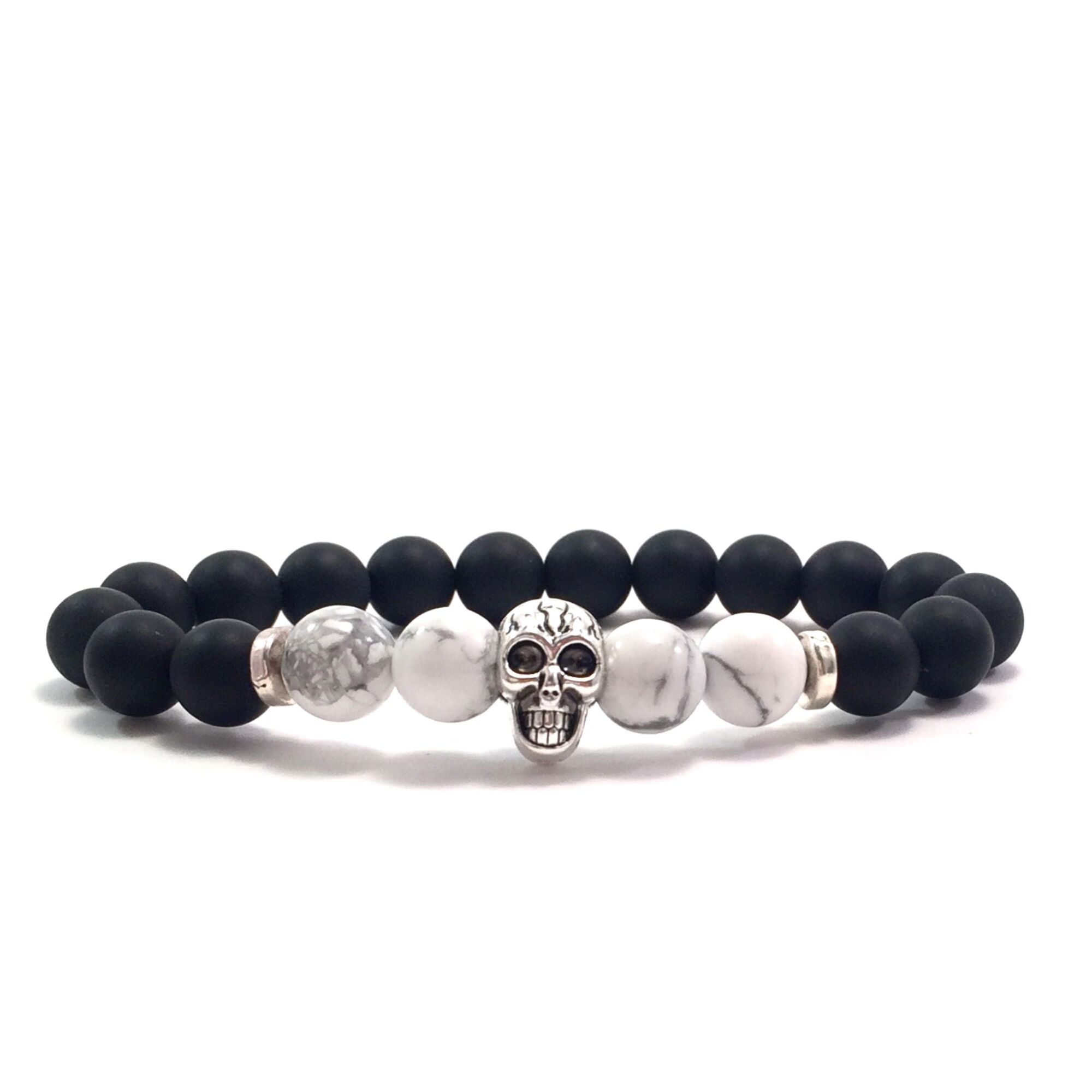 Matte onyx and howlite skull bracelet