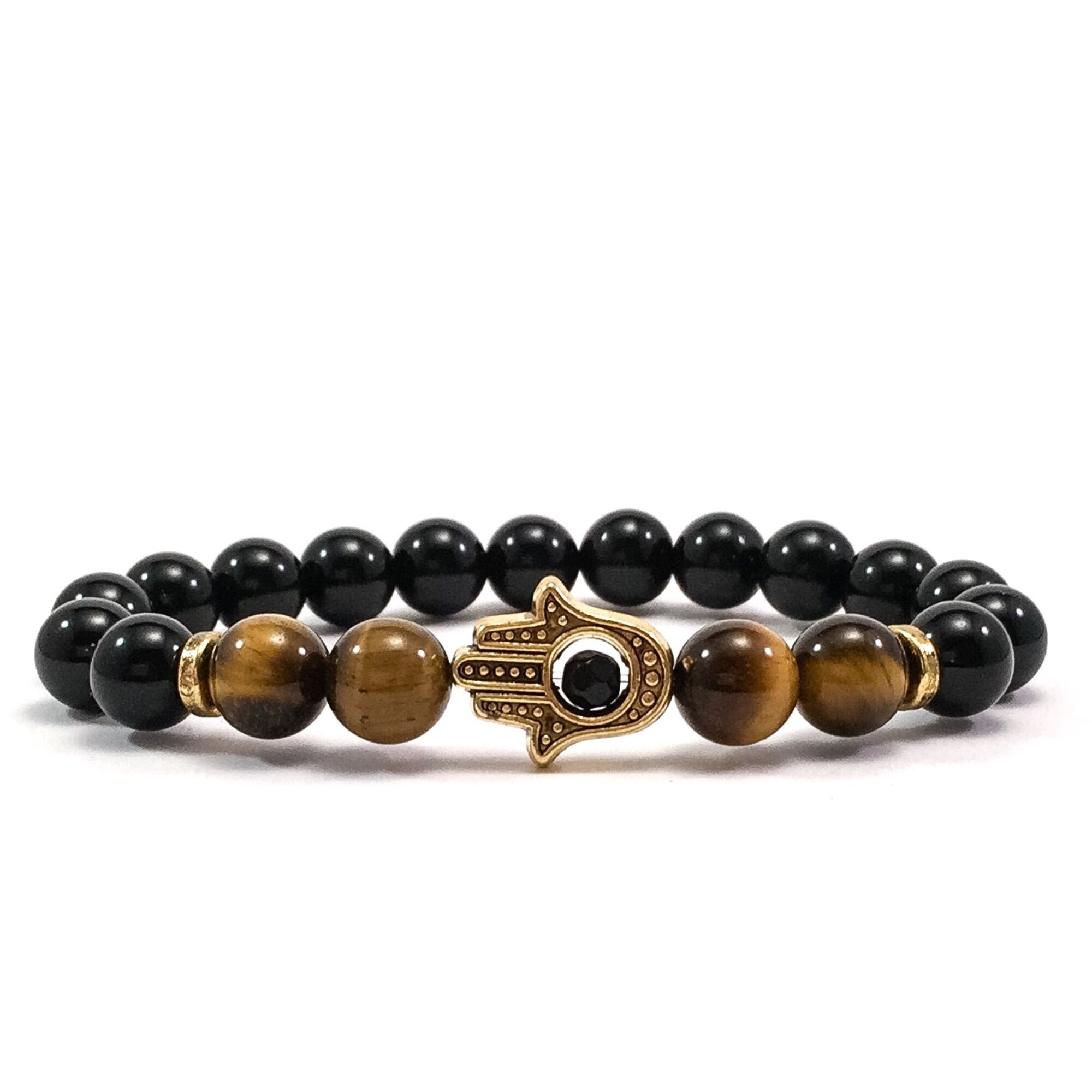 Onyx and tiger' eye gold hamsa bracelet 