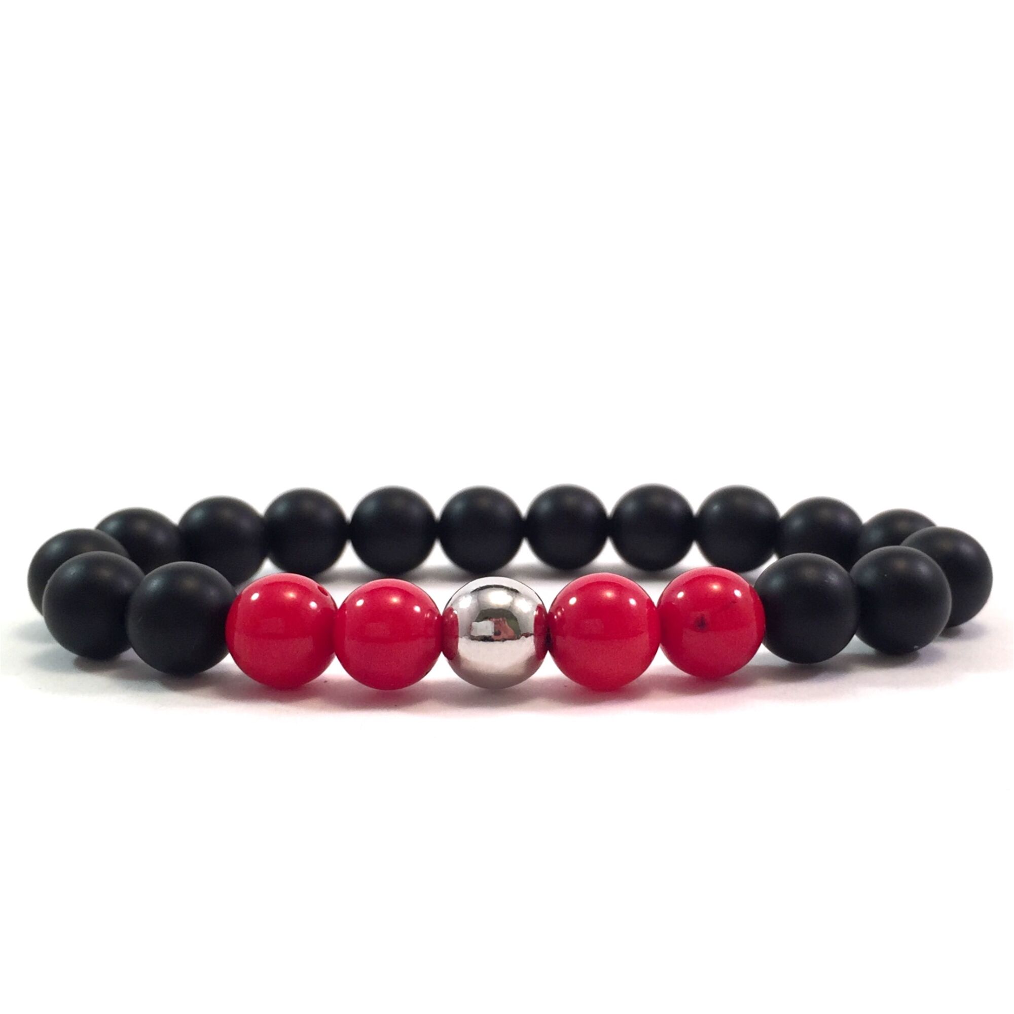 Matte onyx and coral silver pearl bracelet
