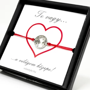 Világom közepe... zsineg karkötő földgömb medállal Piros-ezüst