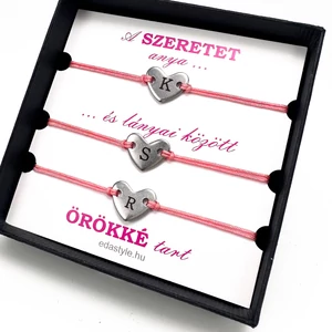 Anya-Lányai zsineg karkötő gravírozható szív medállal Rózsaszín