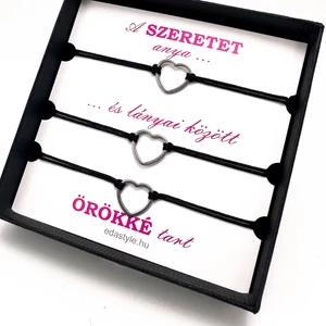 Egyedi kézzel készült anya-lányai páros zsineg karkötő, szív medállal, ezüst, ajándék anyának és lányának