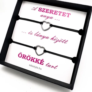 Egyedi kézzel készült anya-lánya páros zsineg karkötő, szív medállal, ezüst, ajándék anyának és lányának