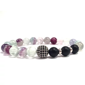 Fluorit és matt ónix ezüst cirkon labdás karkötő