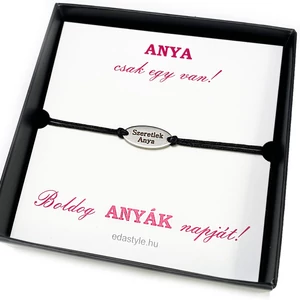 Szeretlek Anya gravírozott acél medálos fekete zsineg karkötő