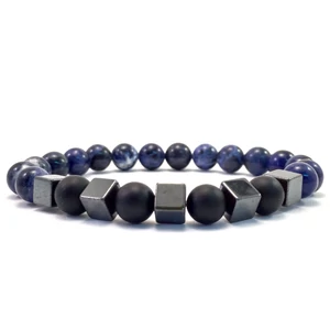 Szodalit és matt ónix hematit kockás karkötő FF