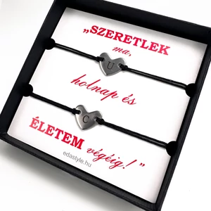 Páros zsineg karkötő gravírozható szív medállal Fekete