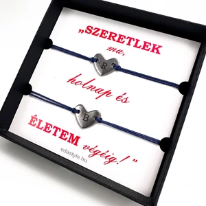 Páros zsineg karkötő gravírozható szív medállal Kék