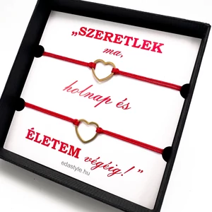 Páros zsineg karkötő arany szív medállal Piros