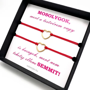 Testvér zsineg karkötő arany szív medállal Piros