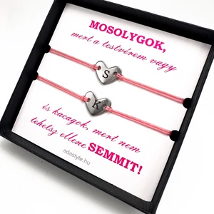 Testvér zsineg karkötő gravírozható szív medállal Rózsaszín