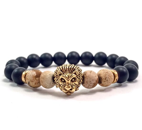 Matte onyx and matte jasper gold lion bracelet 