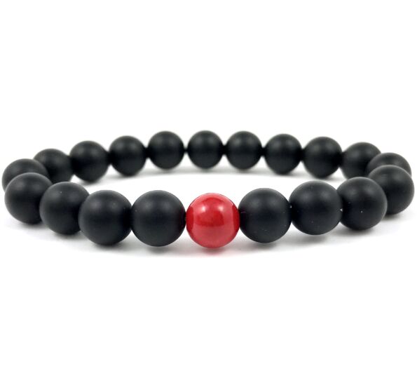 Matte onyx and corall fleck pearl bracelet