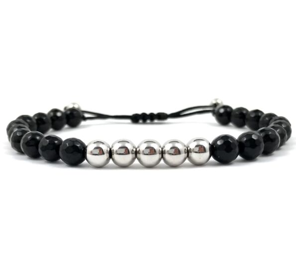  Faceted onyx and silver pearl cord bracelet