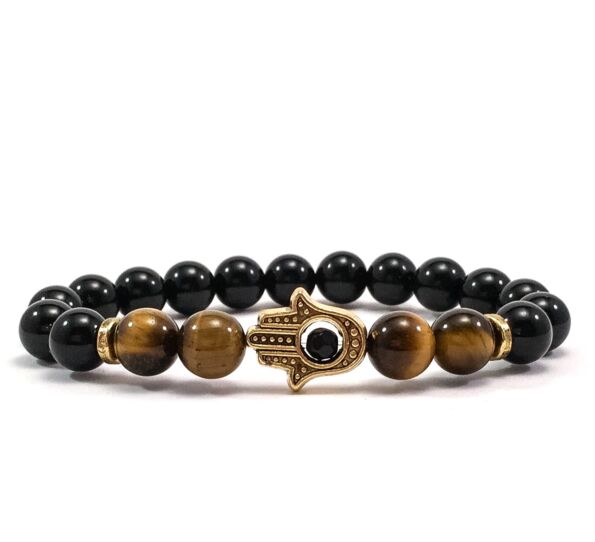 Onyx and tiger' eye gold hamsa bracelet 
