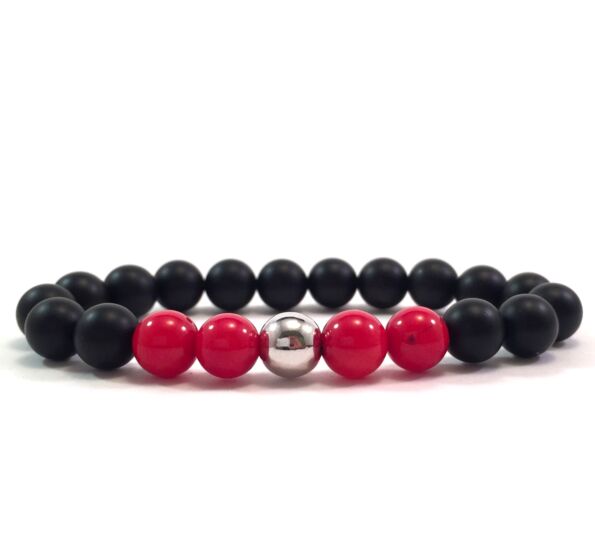 Matte onyx and coral silver pearl bracelet