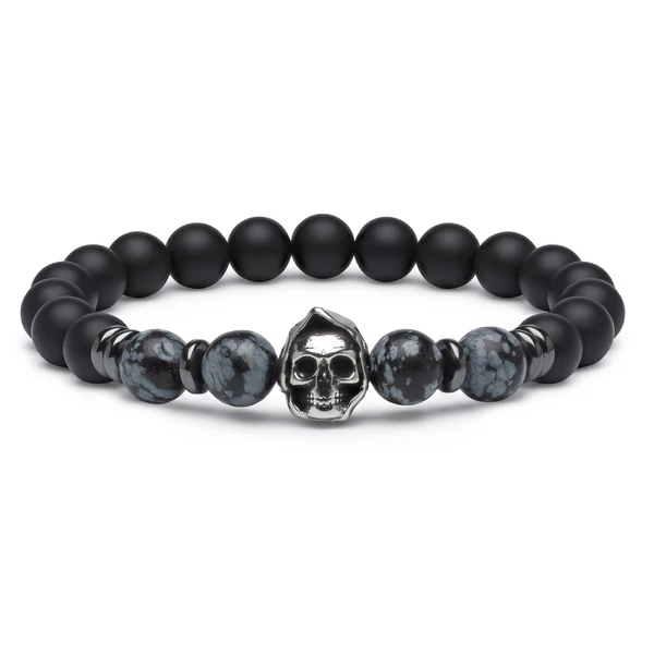 Matt Ónix Hematit Obszidián Karkötő Ezüst Koponyával