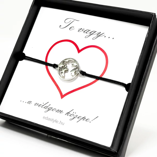 Világom közepe... zsineg karkötő földgömb medállal Fekete-ezüst