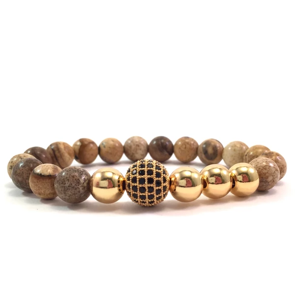 Jáspis arany gyöngy és cirkon labdás karkötő