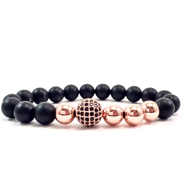 Matte onyx rosegold pearl and zircon ball beaded bracelet