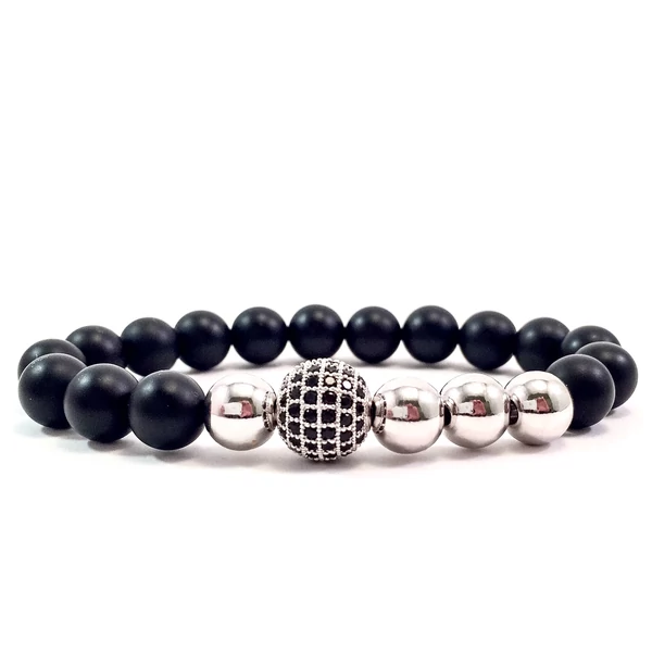 Matt ónix ezüst gyöngy és cirkon labdás karkötő