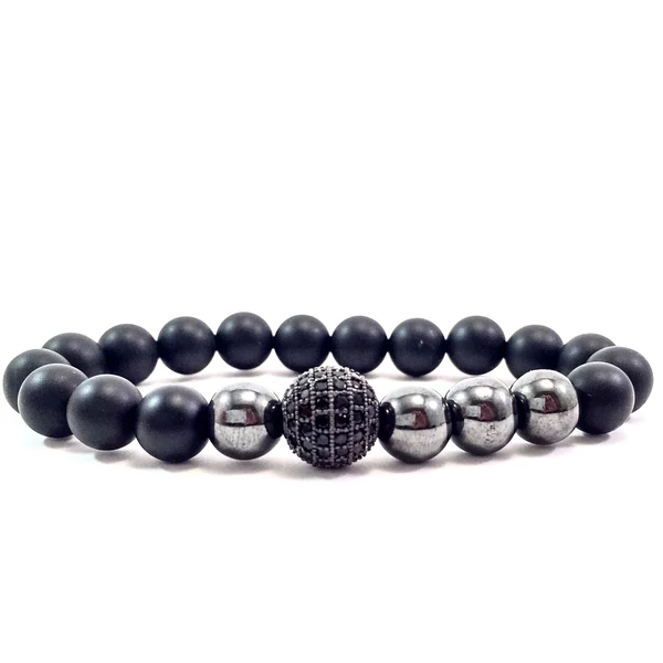 Matt ónix hematit gyöngy és cirkon labdás karkötő