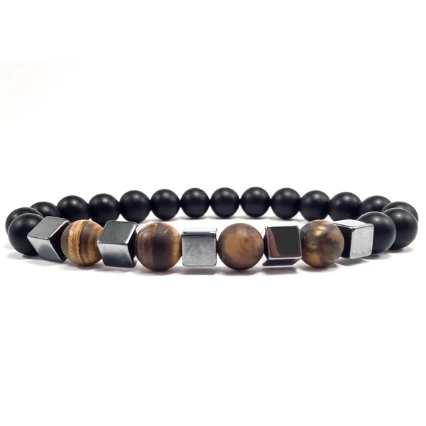 Matt ónix és matt tigrisszem hematit kockás karkötő 