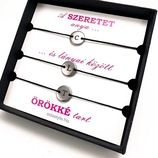 Anya-Lányai zsineg karkötő gravírozható kör medállal Fekete