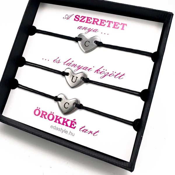 Anya-Lányai zsineg karkötő gravírozható szív medállal Fekete