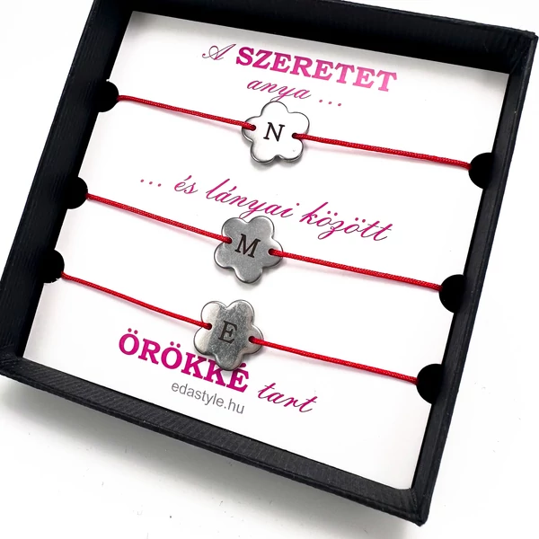 Anya-Lányai zsineg karkötő gravírozható virág medállal Piros