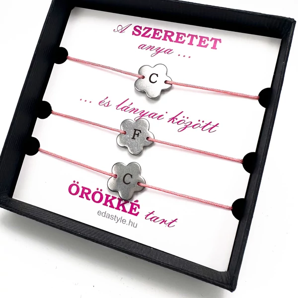 Anya-Lányai zsineg karkötő gravírozható virág medállal Rózsaszín