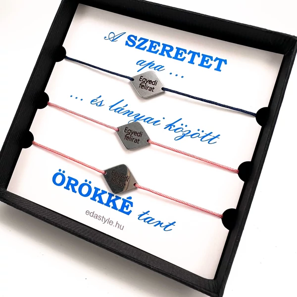 Apa-Lányai zsineg karkötő gravirozható rombusz medállal Kék-Rózsaszín