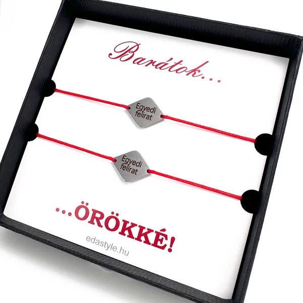 Barátság karkötő EGYEDI gravírozott rombusz medállal piros