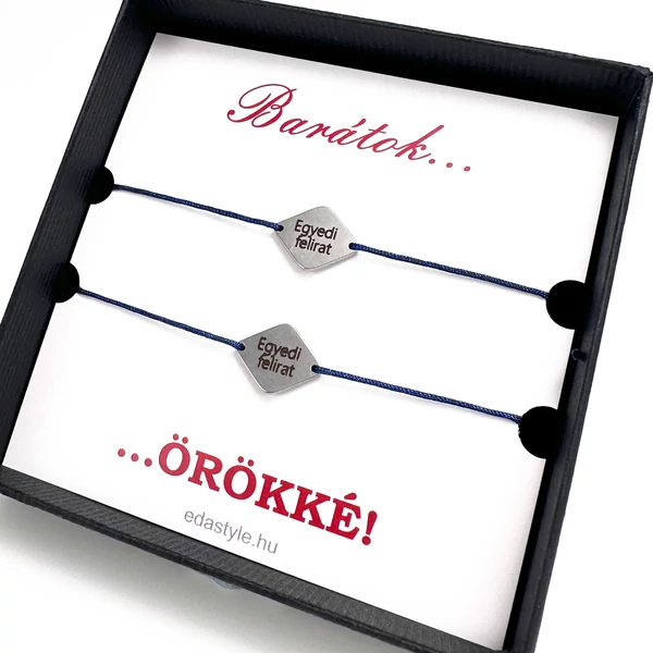 Barátság karkötő EGYEDI gravírozott rombusz medállal kék