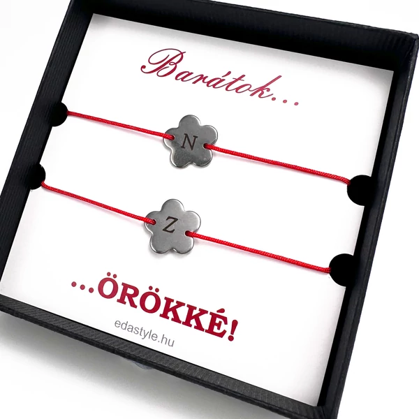 Barátság karkötő EGYEDI gravírozott virág medállal piros