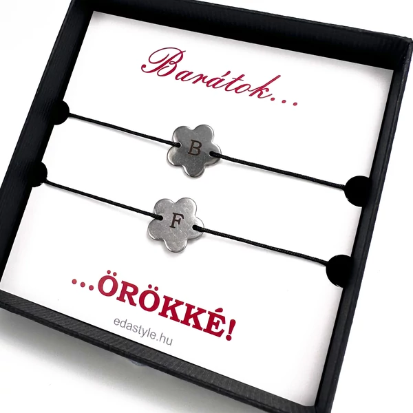 Barátság karkötő EGYEDI gravírozott virág medállal fekete